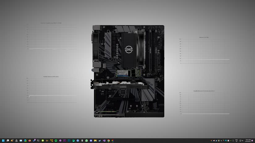 Hardware monitoring wallpaper showing real-time CPU, GPU, memory stats