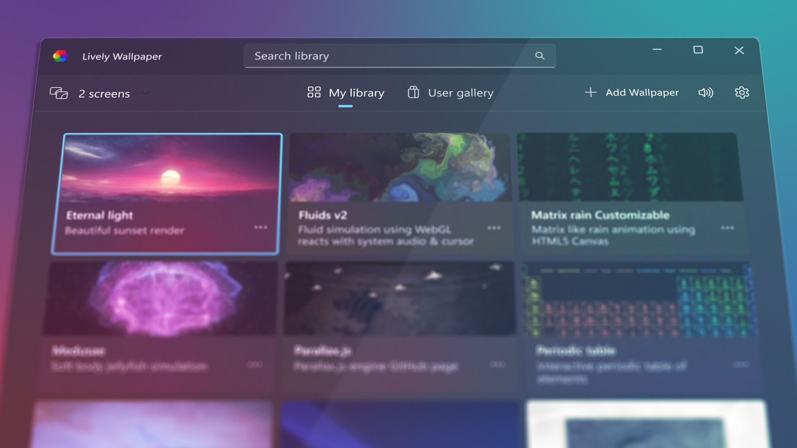 Lively Wallpaper app interface showing wallpaper library with search, categories and animated previews